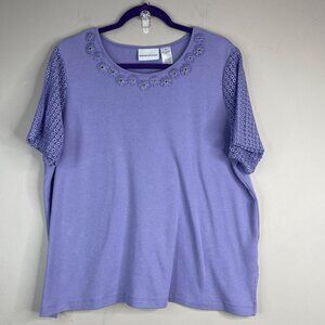 Alfred Dunner Eyelet 3D Floral Top XL Lilac Pastel Crochet Grannycore Knit Tunic
